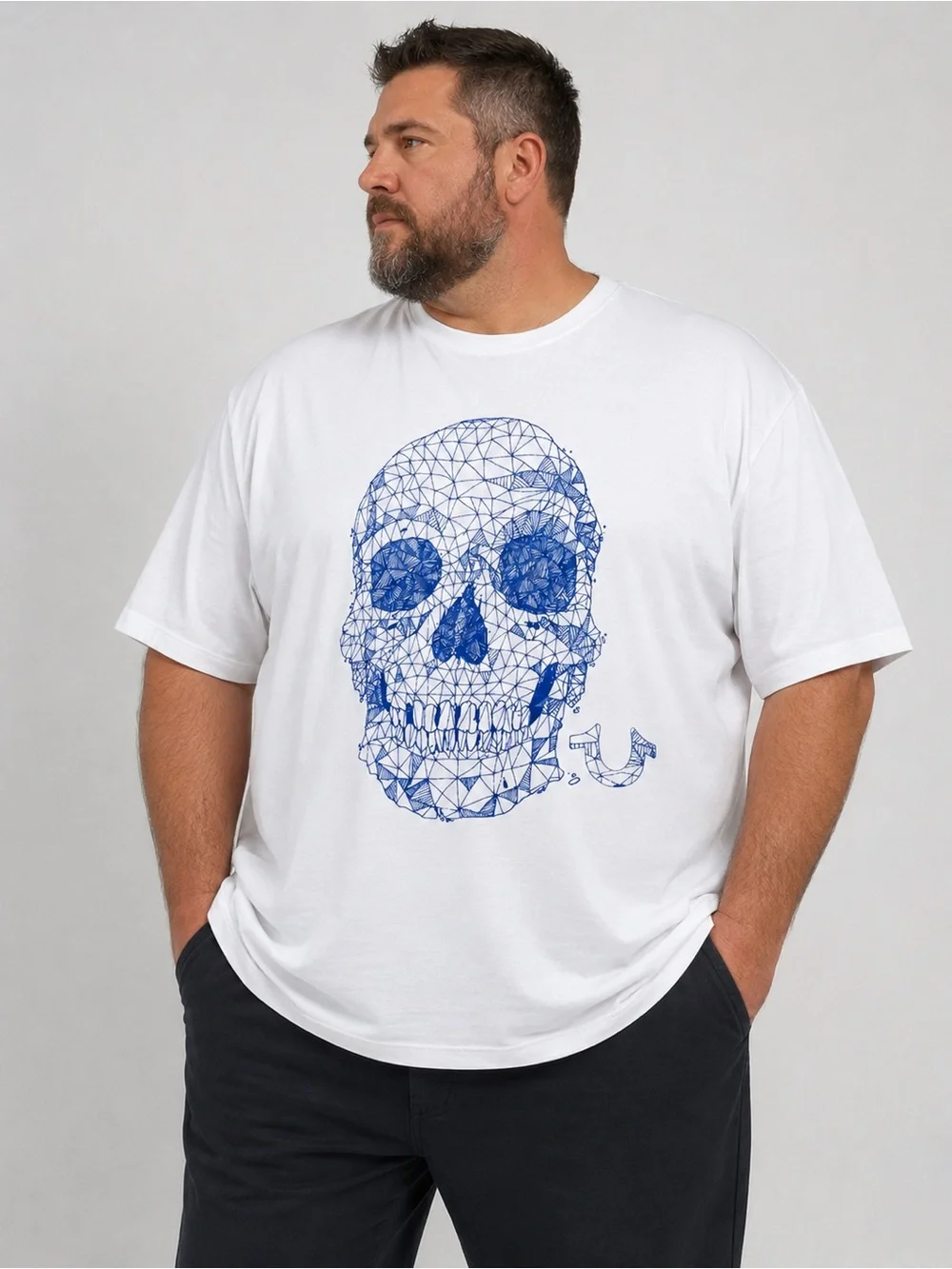True religion Men's White Graphic Skull Tee - Blue Print cotton 3XL XXXL